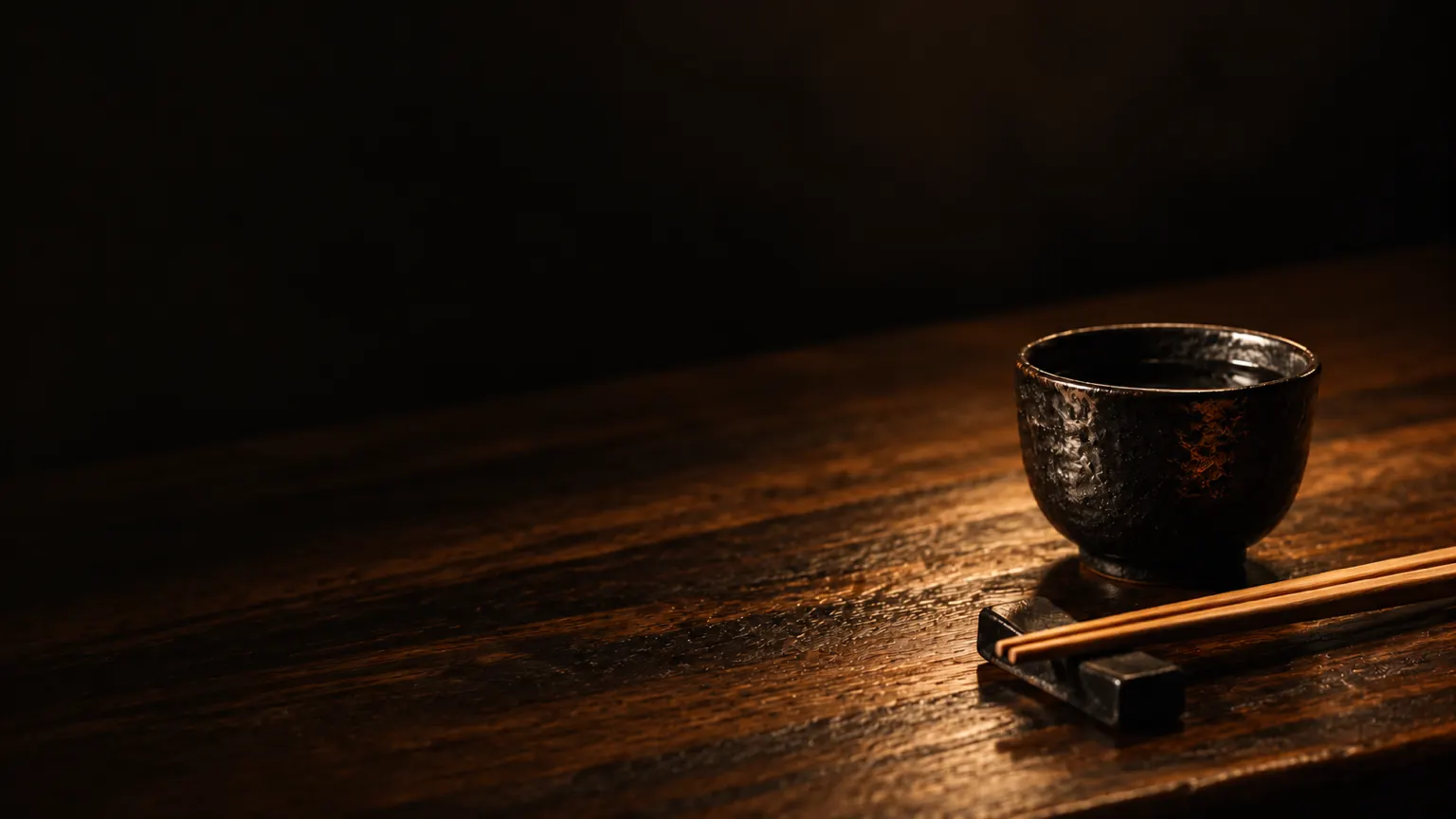 A black ceramic sake cup and wooden chopsticks on a dark walnut counter.