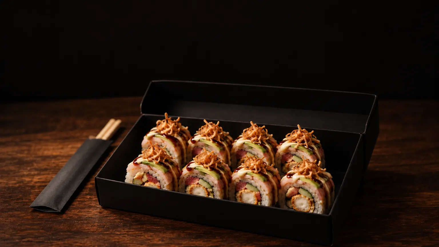 An open black takeout box of specialty roll pieces topped with crispy onion, with wooden chopsticks.