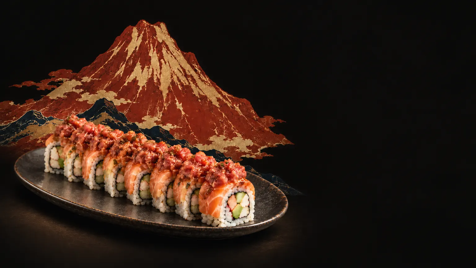Red Mountain Roll on a black plate in front of a dim vermilion and gold woodblock-print mountain.